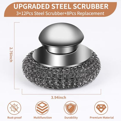 15pcs Steel Wool Scrubber with Replacement Wire Sponge Pads, Steel Scrubber - size: 3 Handle+12 Pads