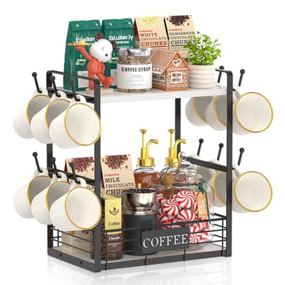 EsLuker.ly Coffee Mug Cup Holder Tree Bar Station Organizer, 2 Tier White - color: White + Black