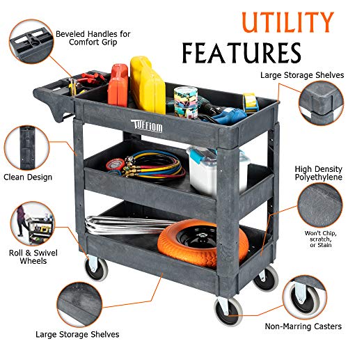 TUFFIOM Plastic Service Utility Cart with Wheels, 550lbs Capacity, Heavy Duty Tub W/Deep Shelves, Multipurpose Rolling 3-Tier Mobile Storage Organizer, for Warehouse Garage Industrial Cart - size: 3 Shelves 40.7"L x 17.1"W x 33.5"H
