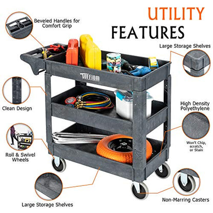 TUFFIOM Plastic Service Utility Cart with Wheels, 550lbs Capacity, Heavy Duty Tub W/Deep Shelves, Multipurpose Rolling 3-Tier Mobile Storage Organizer, for Warehouse Garage Industrial Cart - size: 3 Shelves 40.7"L x 17.1"W x 33.5"H