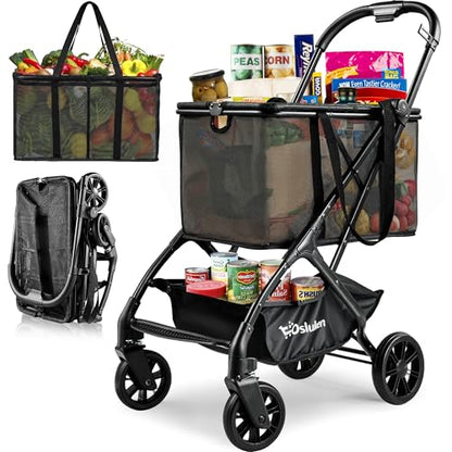 Upgraded Folding Shopping Cart with Wheels, 75Lbs Collapsible Grocery Cart with Removable Basket&360° Wheels, One-Click Folding, Personal Portable Shopping Cart for Groceries, Laundry, Camping - style: 75LB