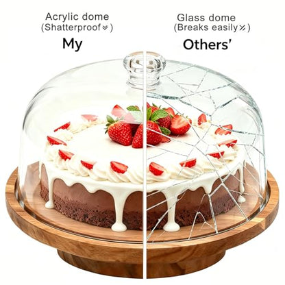 cutesun Cake Stand with Lid, 10.8'' Shatterproof Acrylic Dome (Not Glass), 11.8'' Rotating Acacia Wood Cake Display Stand for Wedding Birthday Party Dessert