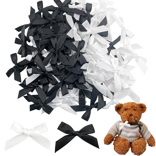 100 Pcs Mini Satin Bows with Premade Twist Ties for Crafts, Black and White - color: Black and white