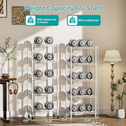 SINGAYE 5 Shelves Storage Shelf Wire Shelving Unit Metal Adjustable Wheels - color: White, size: 5Tier/11.5"D X 17.5"W X 57"H