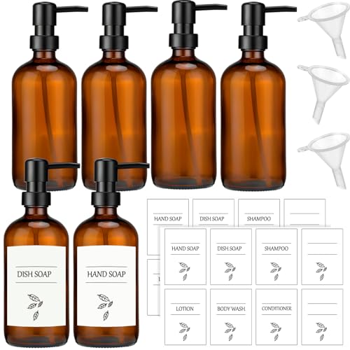 6 Pack Amber Glass Soap Dispenser with Plastic Pump, 16 oz