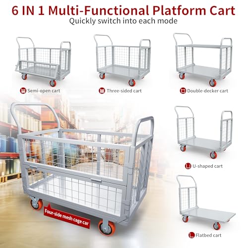 YITAMOTOR 2000lbs Platform Truck Cart w/Cage, 6-in-1 Foldable Flatbed Cart