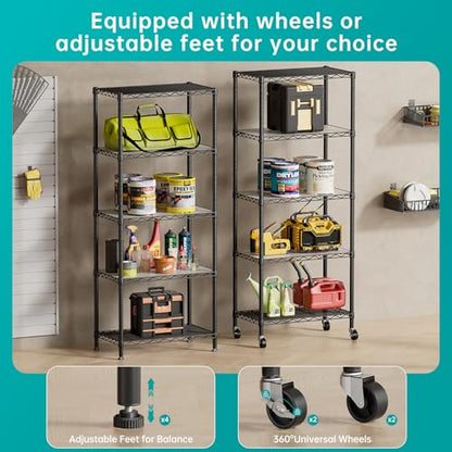 SINGAYE 5 Shelves Storage Wire Shelf Closet Metal Shelving Pantry Wheels - color: Black, size: 5Tier/14"D X 24"W X 61"H