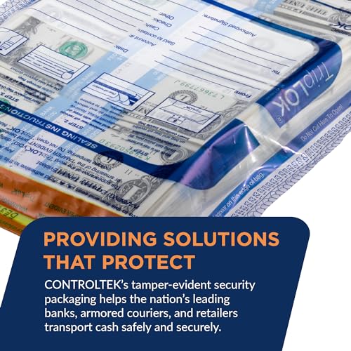ControlTek TripLOK Tamper-Evident Deposit Bags for Cash Handling & Valuables, Moisture, Heat and Cold Sensitive Ink , Tear-off receipt + Large Barcodes, 15" x 20", Clear with Pocket, 50 Bags 585051