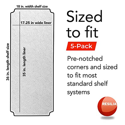 RESILIA Shelf Liner Set for Wire Shelving Units – 5 Pack, 18 Inches x 36 Inches, Clear Swirl Spiral Pattern, Anti-Slip, Heavy Duty, Made in The USA, for Kitchen, Bathroom, Garage Storage, Made in USA - size: 18" x 36" (Pack of 5)