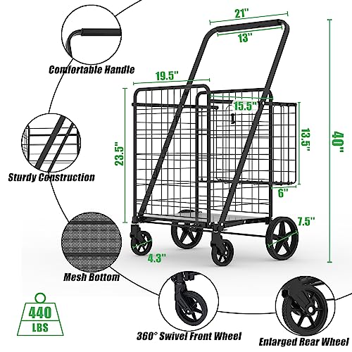 Heavy Duty Folding Shopping Cart with 360° Swivel Wheels, Super Jumbo - size: Super Jumbo-Black 31Gal