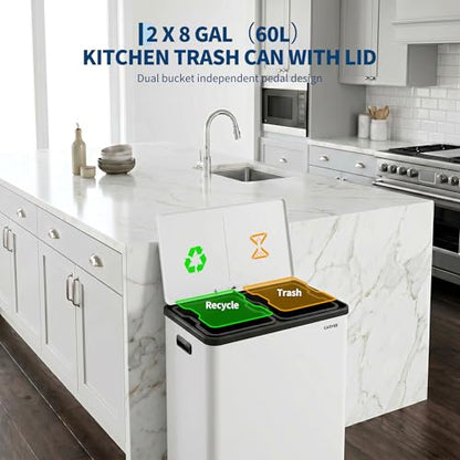 10.5 Gal Dual Compartment Stainless Steel Kitchen Trash Can with Lid, 20L+20L Recycling Garbage Bin, Soft Close Foot Pedal Trash Bin with 2 Removable Inner Buckets, Fingerprint Resistant for Home Offi - color: White, size: 2x5.25Gal