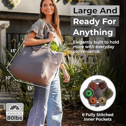 VeraMia Canvas Grocery Bag 3pc XL Set with Real Pockets, Long Shoulder Strap and Short Handle. Heavy Duty, Foldable, Washable - color: Grey