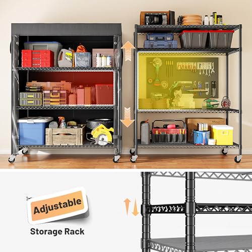 REIBII 4-Tier Shelving Unit with Cover, Dustproof, with Wheels for Pantry - size: 36" W x 14.3" D x 56.5" H