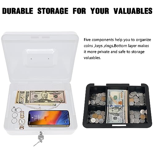 Steel Cash Box with Key Lock, Metal Small Money Organizer with Money Tray,Cash Storage Box with Lockable Cover (White - 9.8" x 7.8" x 3.3") - color: White - 9.8" x 7.8" x 3.3"