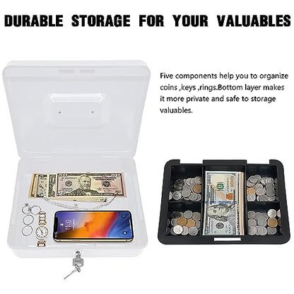 Steel Cash Box with Key Lock, Metal Small Money Organizer with Money Tray,Cash Storage Box with Lockable Cover (White - 9.8" x 7.8" x 3.3") - color: White - 9.8" x 7.8" x 3.3"