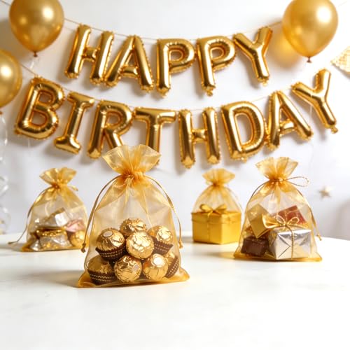 Sukh Gold Organza Bags 5"x7" - 100PCS Small Mesh Drawstring Gift Bags - color: Gold, size: 100 Count (5 x 7 Inches)