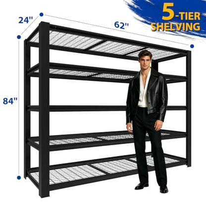 5000LBS 5-Tier Heavy Duty Garage Shelving, 84.01" H x 62.01" W x 24.01" D Adjustable Boltless Metal Storage Rack, Black Industrial Shelving Unit for Warehouse, Basement, Pantry - size: 84.01"H x 62.01"W x 24.01"D