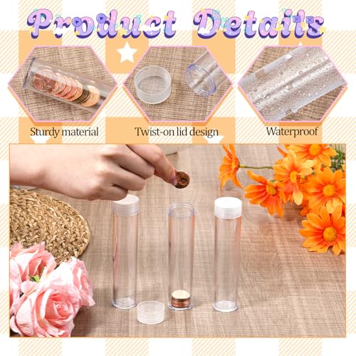 40 Pcs Coin Storage Tube, Plastic Round Clear Penny Coin Tube with Screw Lid, Penny Coins Holder Container Organizer for Coins Collection Supplies Bank Rolls