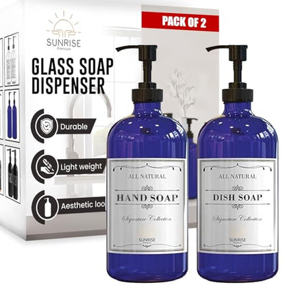 Sunrise Premium Cobalt Blue Glass Soap Dispenser with Pump, 2 Pack - color: Cobalt Blue Glass - Plastic Pump
