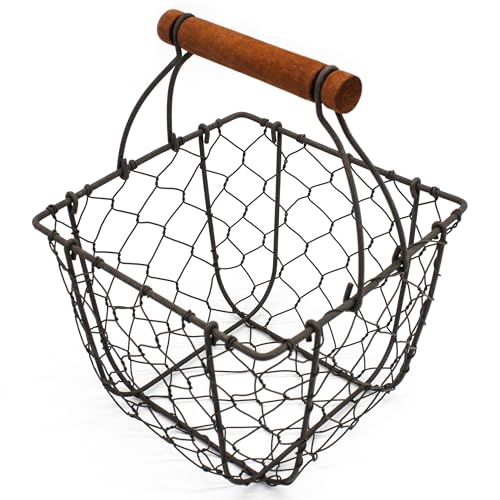 CVHOMEDECO. Square Chicken Wire Egg Basket Fruit Basket with Wooden Handle Primitives Vintage Gathering Basket. Rusty - color: Square with Wooden Handle