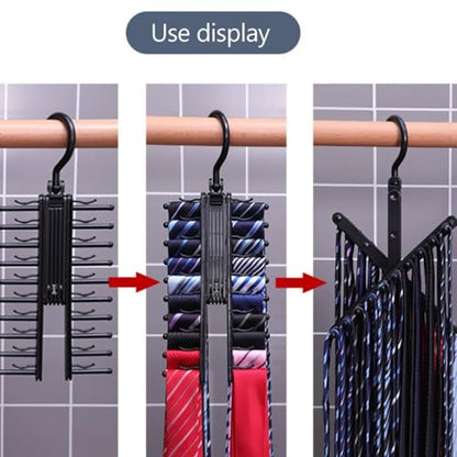 360° Rotating 20 Rows Tie Rack Organizer Space-Saving Closet Storage with Non-Slip Clips Hanger Hook for Tie Scarf Belt Display