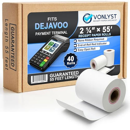 Thermal Receipt Paper Rolls for Dejavoo Z8 Z9 Z11 P1 P3 P8 QD1 QD2 QD4 QD5 – 2 1/4 x 55 BPA Free Credit Card Machine & POS Printer Paper with Red End Warning Stripe – 40 Pack - size: 40 rolls