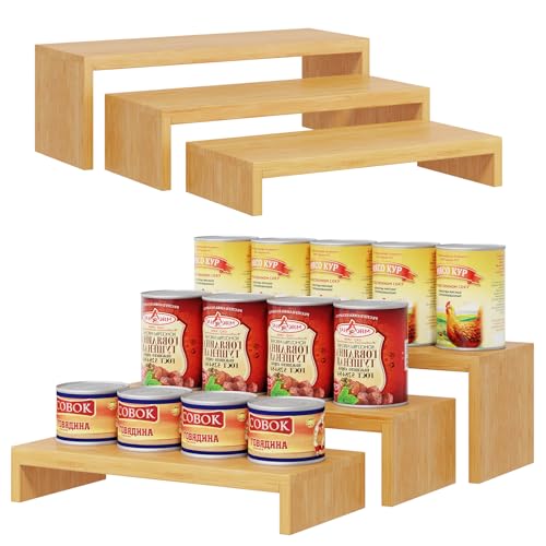 2 Sets DIY Bamboo Can Organizer for Pantry, 3-Tier 6-Piece Can Display Rack