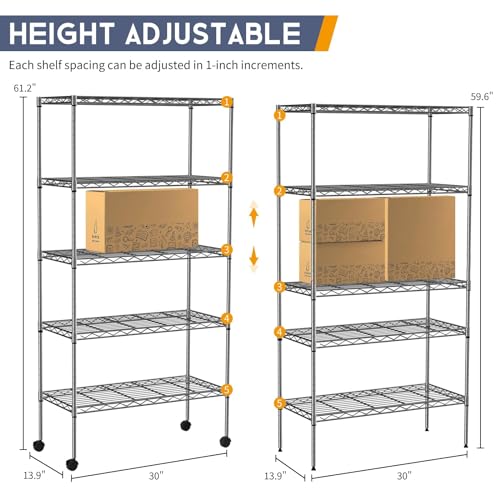 5 Tier Wire Shelving Unit with Wheels, 30 x 14 x 61 Metal Rack - color: Chrome, size: 13.9"D x 30"W x 61.2"H
