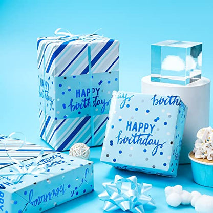 LeZakaa Reversible Blue Birthday Wrapping Paper Roll for Boys Men, Happy Birthday Lettering & Stripe Pattern with Metallic Foil in Blue, Mini Roll, 17 inches x 9.8 Feet - color: Birthday - Metallic Blue, size: 17" X 9.8 ft