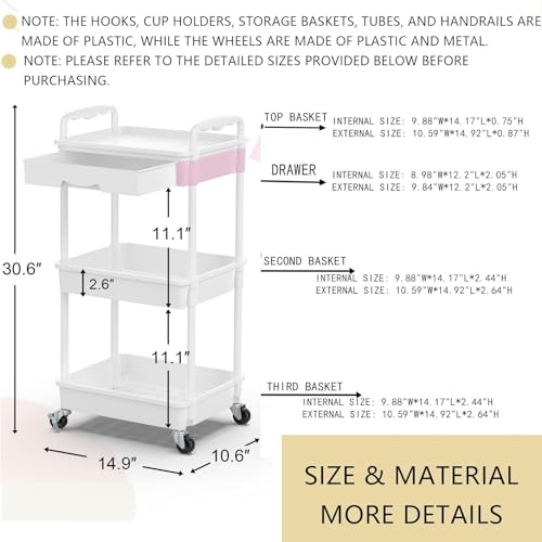 Goovilla 3 Tier Rolling Utility Cart Organizer with Removable Drawer, White - size: 3 Tier, style: White