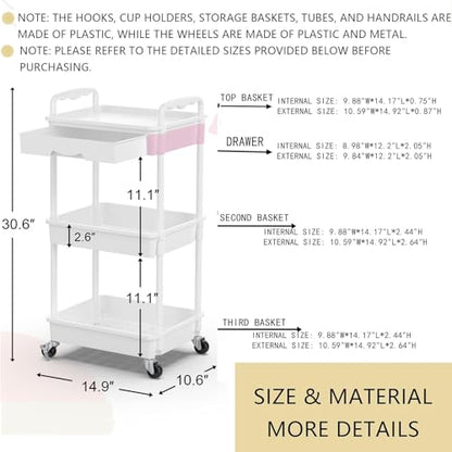 Goovilla 3 Tier Rolling Utility Cart Organizer with Removable Drawer, White - size: 3 Tier, style: White
