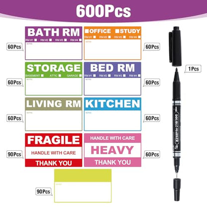 Thboxes 600 Count Removable Home Moving Labels, 9 Colour Stickers, Pen Set