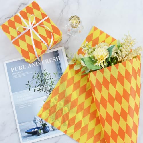 BEISHIDA Orange and Yellow Diamond Tissue Paper Bulk,Fall Wrapping Tissue Paper for Gift Bags, 14 x 20 Inch Gift Wrap for Thanksgiving Harvest Birthday DIY Crafts,50 Sheets - color: 50-oyellow