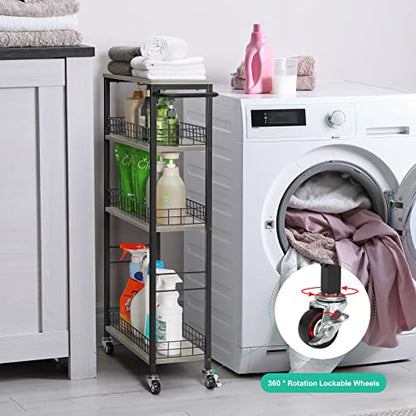 YBING Slim Storage Cart 4 Tier Narrow Rolling Cart, 7.3'' Wide - color: Grey