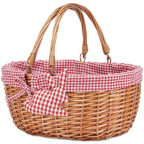 Good GAIN Wicker Picnic Basket w/Fold Handles,Willow Oval Empty Baskets,Red - color: Red