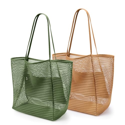 KALIDI Beach Mesh Tote Bag, Casual MAX 23L Summer Foldable Hobo Bag Women - color: Olive Khaki