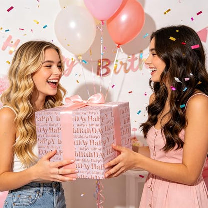 WRAPAHOLIC 3D Kraft Birthday Wrapping Paper Roll - Mini Roll - 17 Inch x 16.5 Feet - Rose Gold and Pink Happy Birthday Wrapping Paper with Embossed Perfect for Holiday, Party Celebration - color: Pink & Rose Gold Happy Birthday, size: 17 inch x 16.5 feet