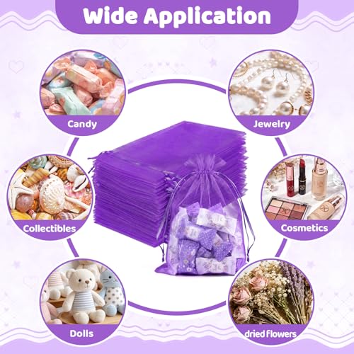 FUNFERY 100Pcs Purple Organza Bags 5x7 in,Small Mesh Drawstring Gift Bag - color: Dark Purple