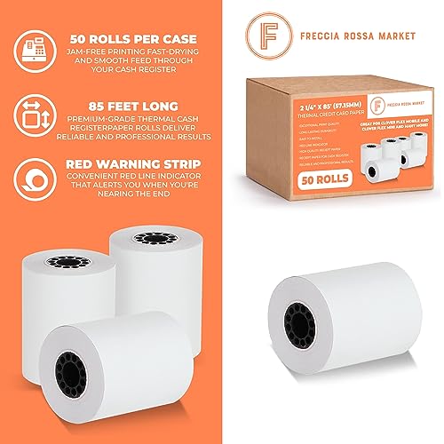 2 1/4" X 85' Thermal Paper Receipt Rolls Fits Clover Mini and Credit Card Machines and Cash Registers 2.25 x 85 ft 50 Per Box for Use in Omni, Verifone FD50 T4220 VX510 VX570 FD50 BPA Free