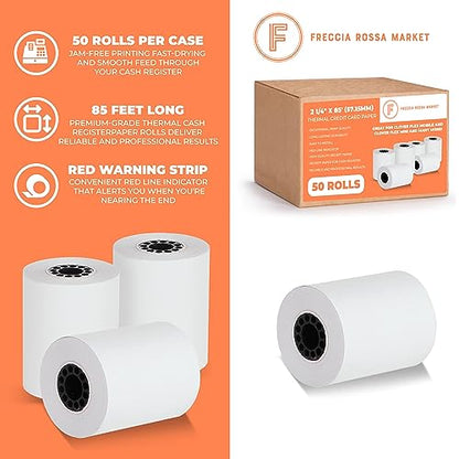 2 1/4" X 85' Thermal Paper Receipt Rolls Fits Clover Mini and Credit Card Machines and Cash Registers 2.25 x 85 ft 50 Per Box for Use in Omni, Verifone FD50 T4220 VX510 VX570 FD50 BPA Free