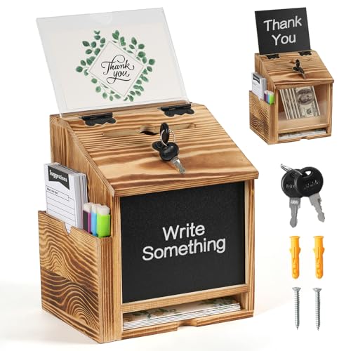 Wooden Suggestion Box with Slot and Lock,Torched Donation Box - color: Torched Brown