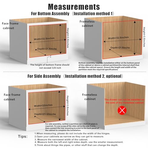 Mulush 32''W x 21''D x 3''H Pull Out Cabinet Drawer Soft Close Slide Out Wood Organizer for Kitchen, Finished, Bottom and Side Assembly (Wood Drawer Part Width is 31inch) - size: 32"W x 21"D