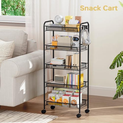 TOOLF 5 Tier Rolling Cart, Metal Utility Storage Cart with Wheels, Black - color: Black, size: 5-Tier