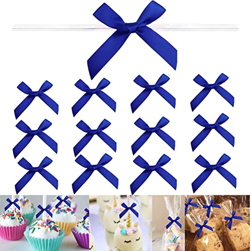 100 PCS 3 Inches Satin Bow Twist Ties, Ribbon Twist Tie Bows for Treat Bags, Tied Bows with Wire for Bags, Pre Tied Ribbon Bow for Baby Shower, Favors, Popcorn(Royal Blue) - color: Royal Blue, size: 100 Pack
