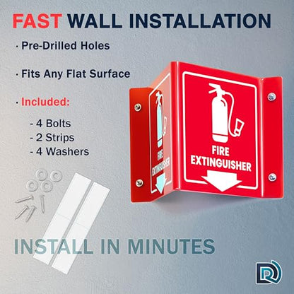 Fire Extinguisher Sign with Arrow, 3D Acrylic V Sign, Wall Mount, Screws - color: Red Acrylic - Pack of 1