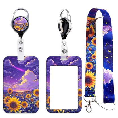 Purple ID Badge Holder with Neck Lanyard, Heavy Duty Retractable Badge Clip with Silky Lanyard, Sunflower Lanyard with Keychain for Women, Girl, Kids - color: Sunflower