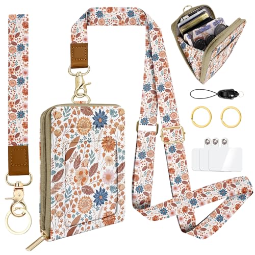 Floral Lanyard Wallet & ID Badge Holder, Cute RFID Women ID Badge Wallet for Women, Credit Card Holders with Zipper Pocket Keychain Phone Lanyard Wrist Strap for Teacher Nurse Gifts, Autumn Flowers - color: Autumn Flowers Leaves