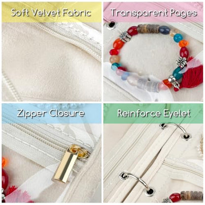 Travel Jewelry Organizer Case,Small Jewelry Bags Jewelry Storage Book Ring Binder with Clear Zipper Velvet Pouch for Traveling - color: Case,Beige