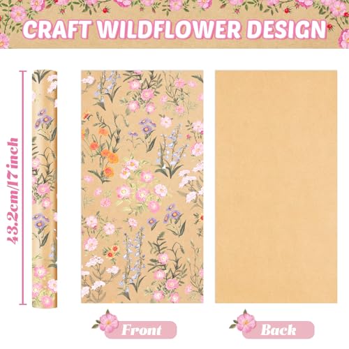 WERNNSAI Kraft Floral Wrapping Paper 17 In x 33 Ft Wild Flower Gift Wrap - color: Spring Wildflowers
