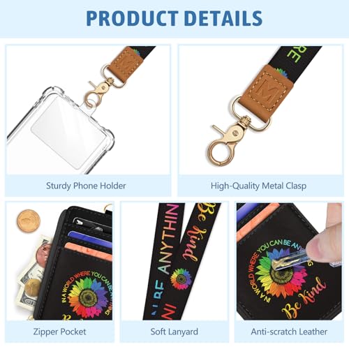 Be Kind Sunflower Lanyard Wallet with ID Badge Holder, Small RFID Keychain - color: Be Kind Sunflower
